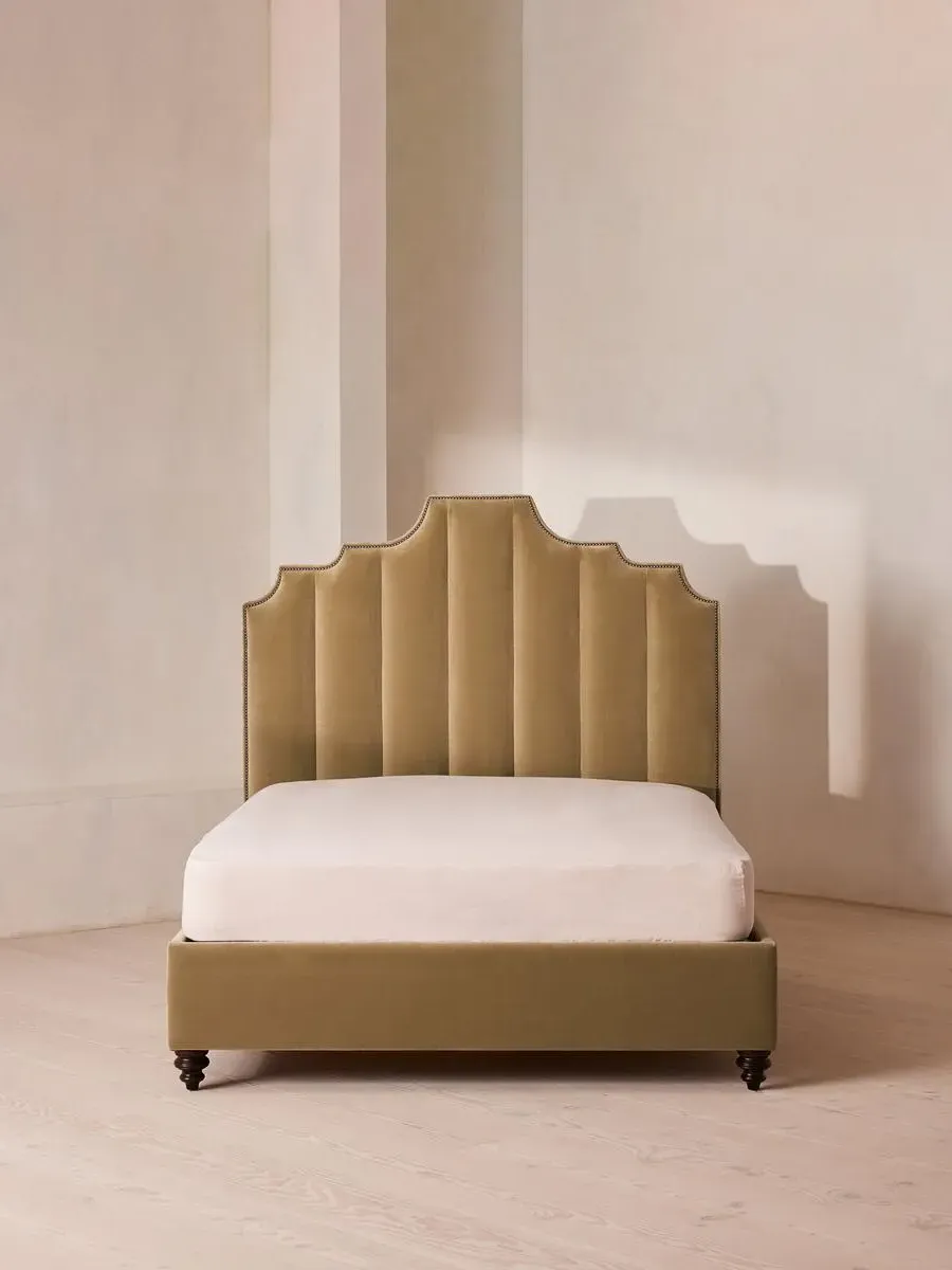 King Bed with Fluted Headboard - Camel, Velvet