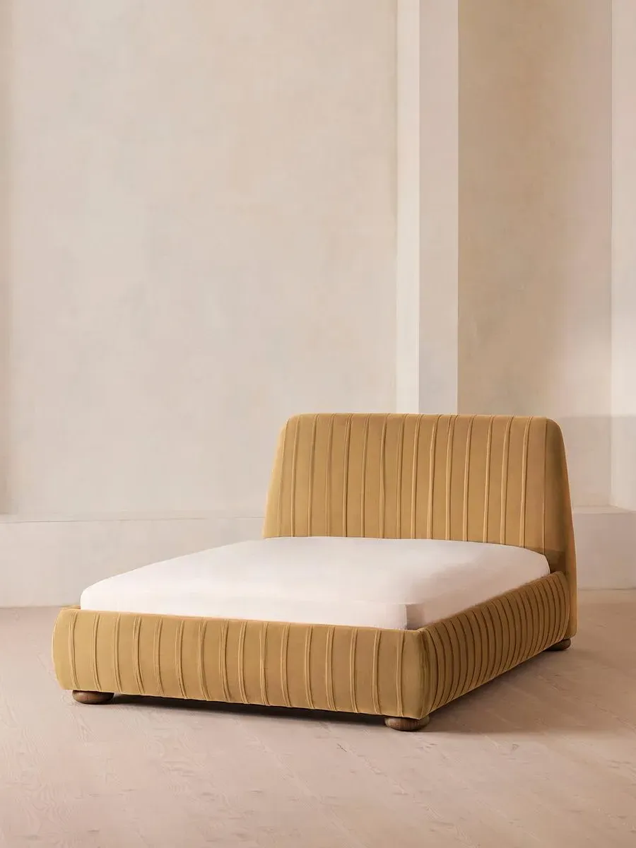 King Bed with Pleated Headboard - Mustard, Velvet