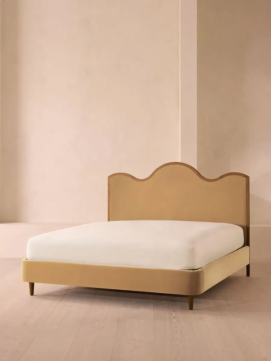 King Bed with Waved Headboard - Camel, Velvet