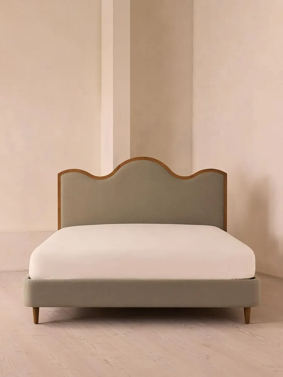 King Bed with Waved Headboard - Mushroom, Linen