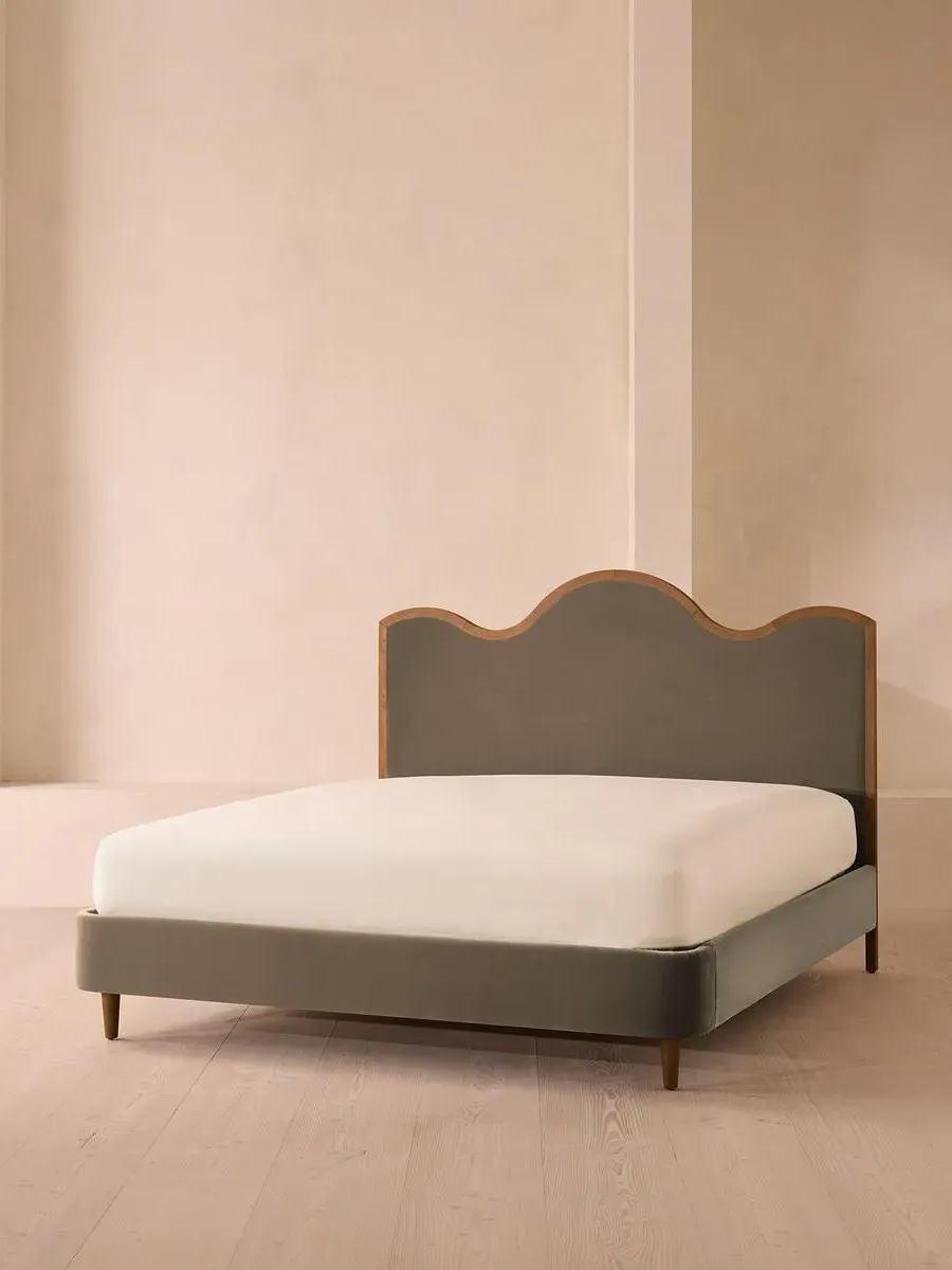 King Bed with Waved Headboard - Taupe, Velvet