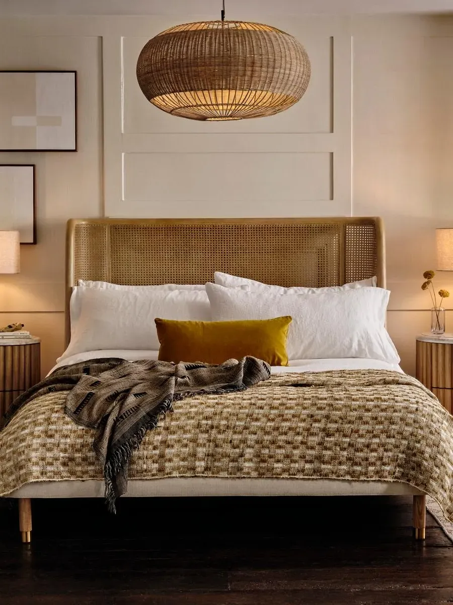 King Size Bed with Cane Headboard - Linen