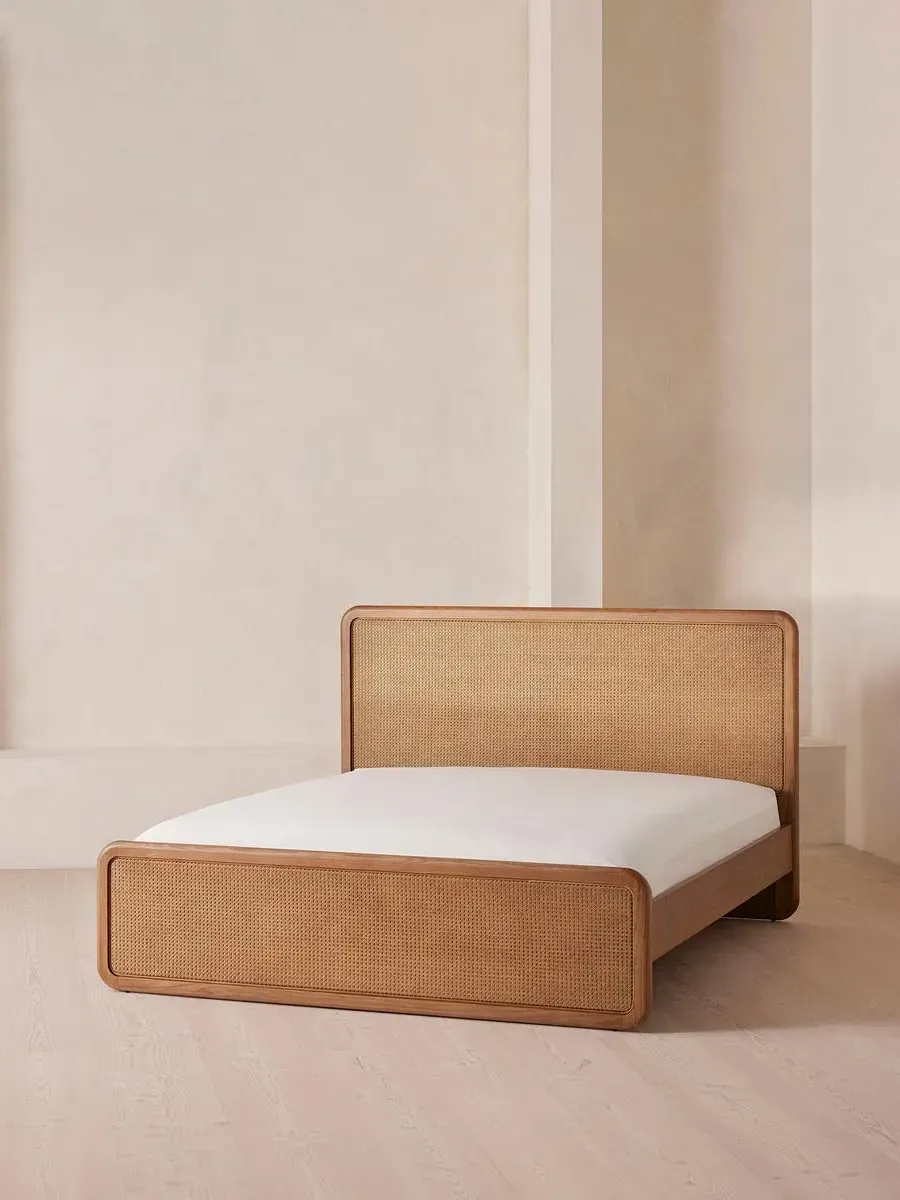 King Size Bed with Cane Headboard - Oak