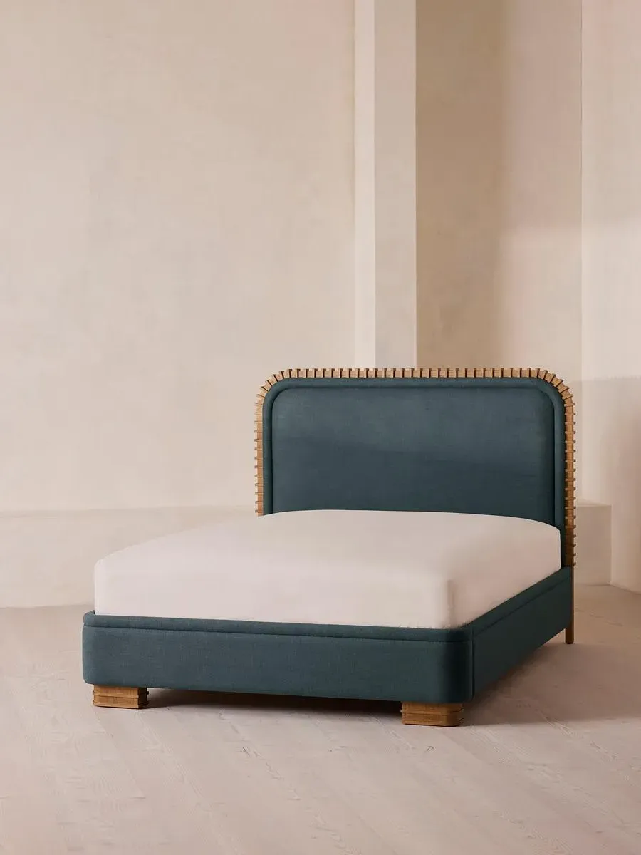 King Size Bed with Carved Headboard - Blue, Linen
