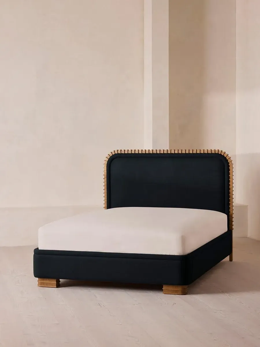 King Size Bed with Carved Headboard - Indigo, Linen