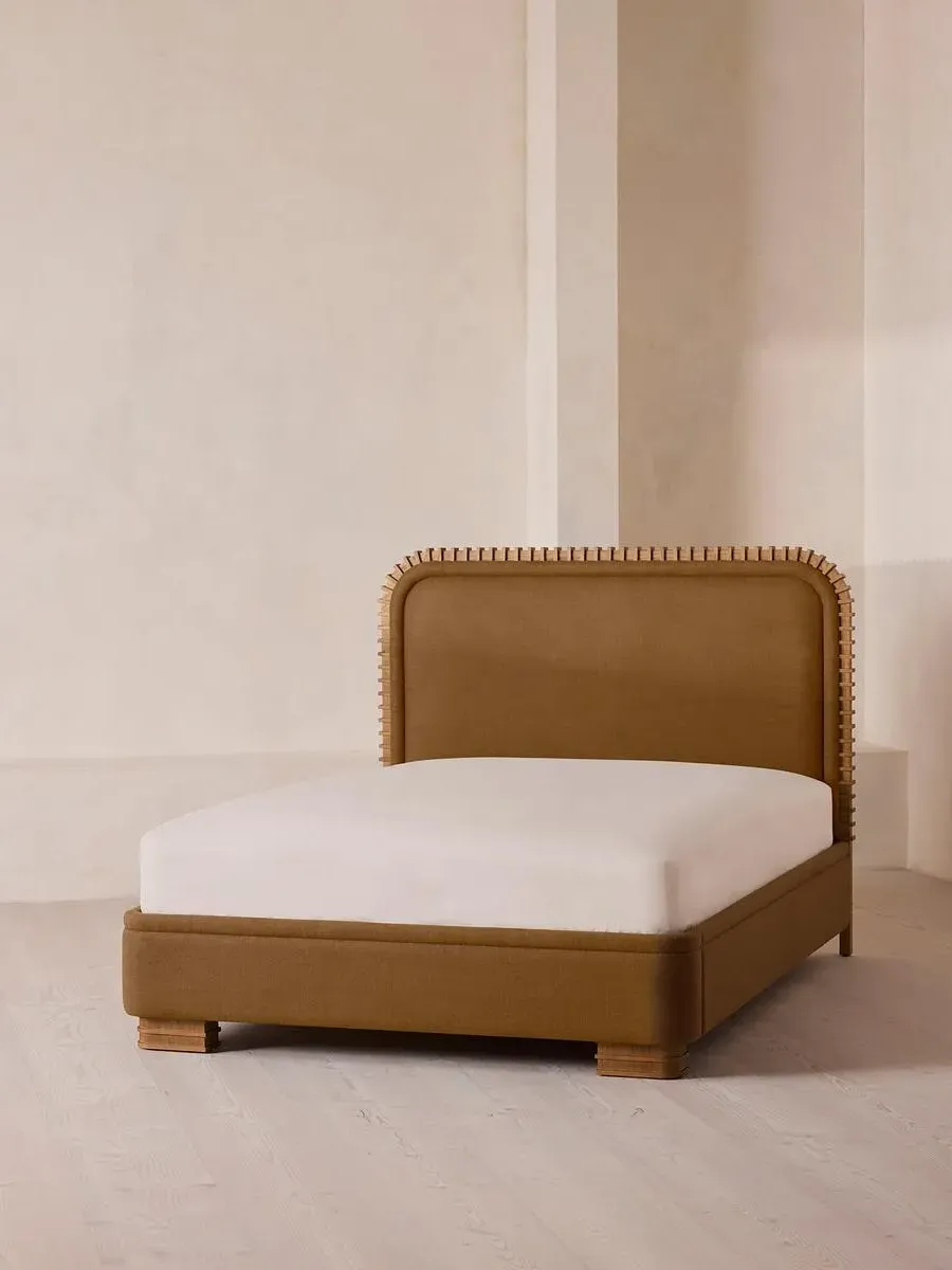 King Size Bed with Carved Headboard - Ochre, Linen