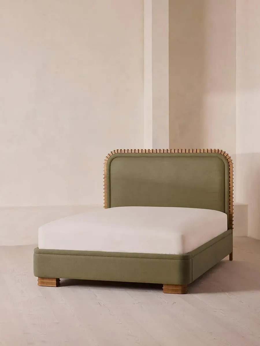 King Size Bed with Carved Headboard - Sage, Linen