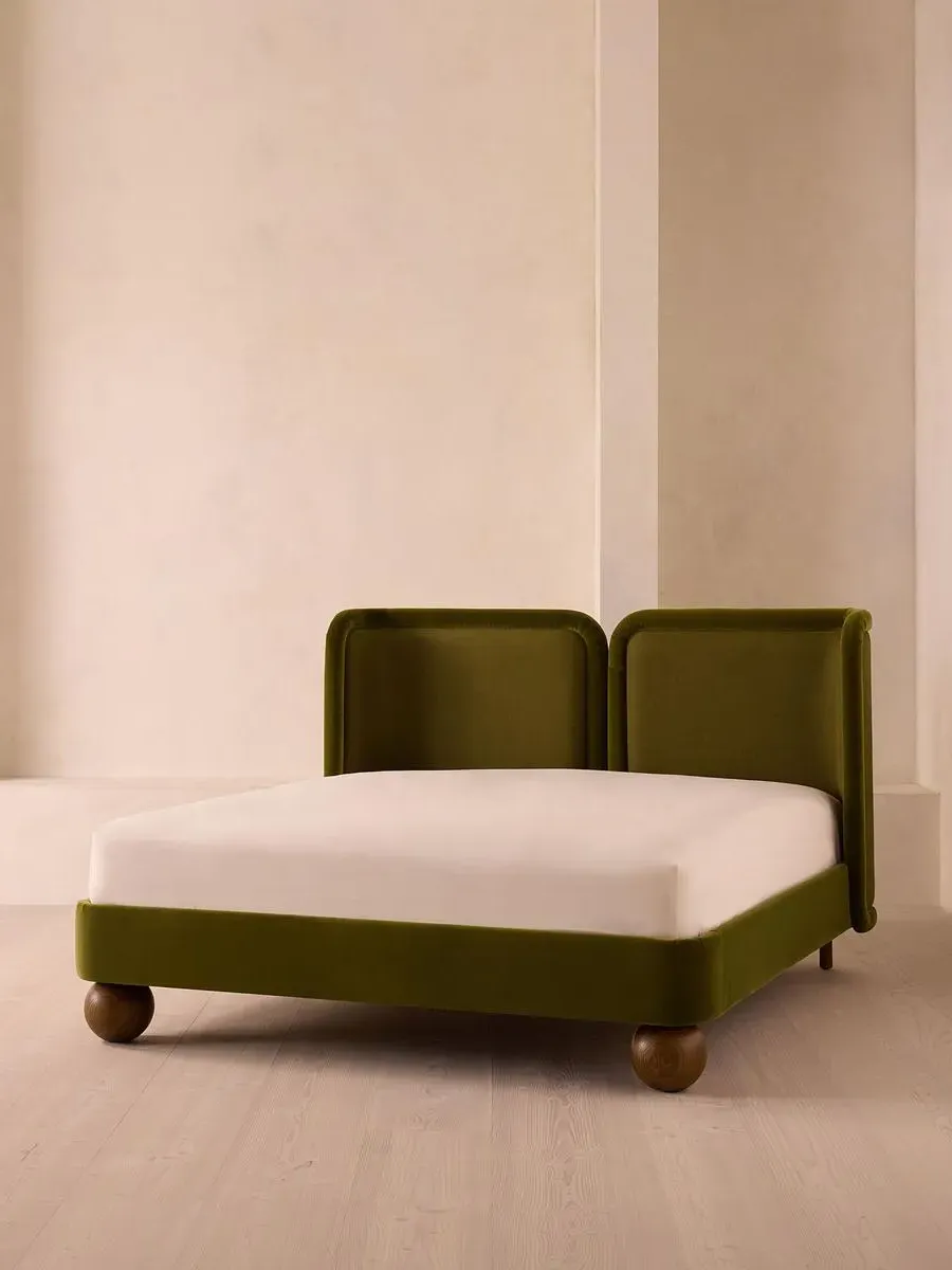 King Size Bed with Split Headboard - Olive, Velvet