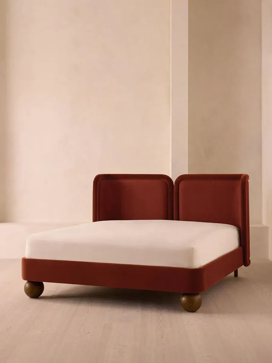 King Size Bed with Split Headboard - Rust, Velvet