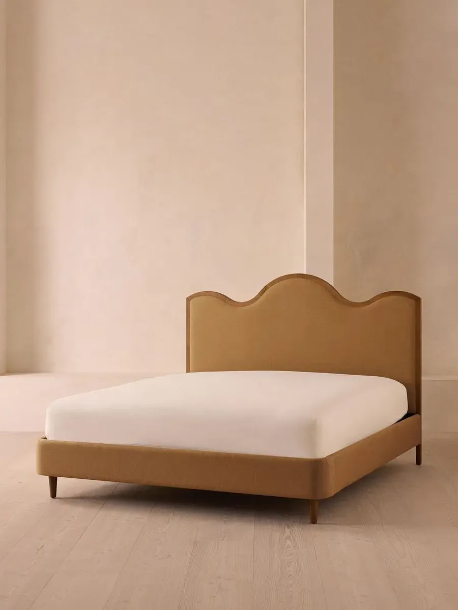 King Size Bed with Waved Headboard - Ochre, Linen