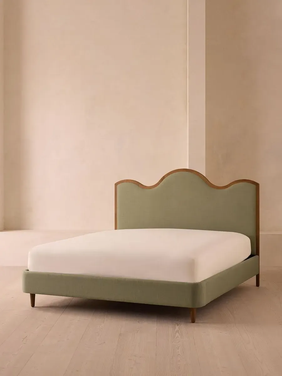 King Size Bed with Waved Headboard - Sage, Linen