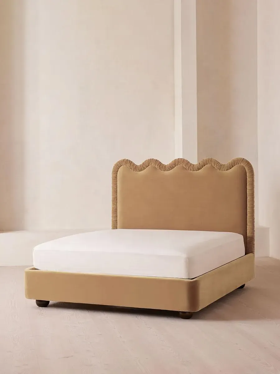 King Size Bed with Wavy Headboard - Camel, Velvet image