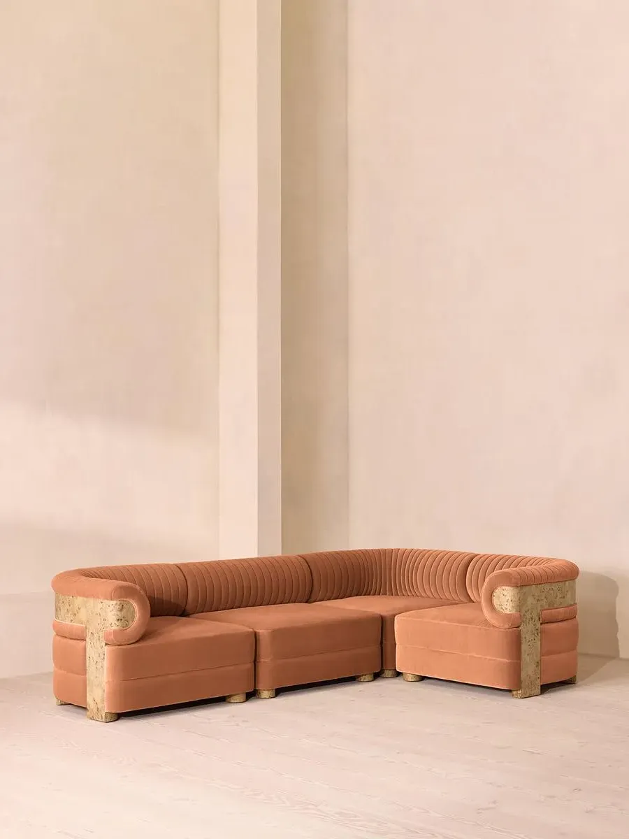 L-Shaped Modular Sofa with Fluted Back - Antique Rose, Velvet image