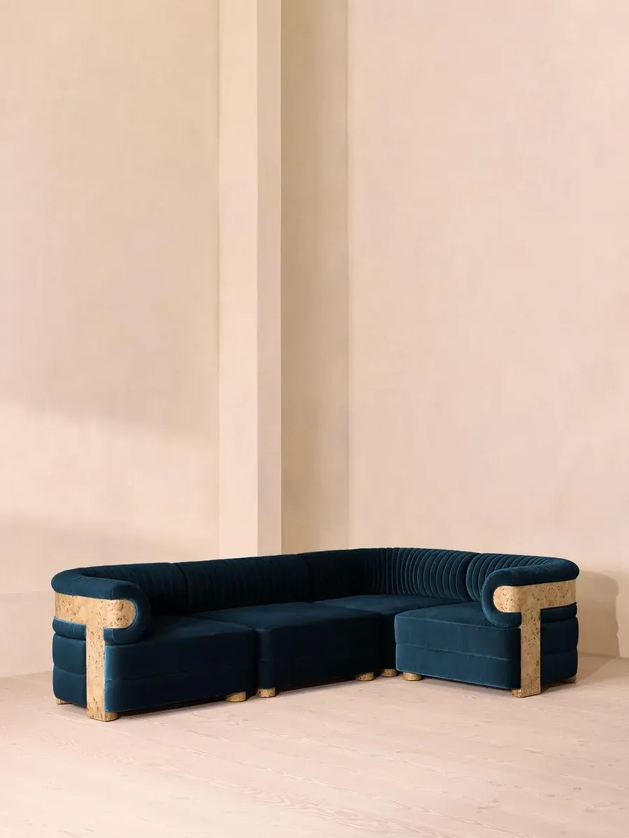 L-Shaped Modular Sofa with Fluted Back - Blue, Velvet