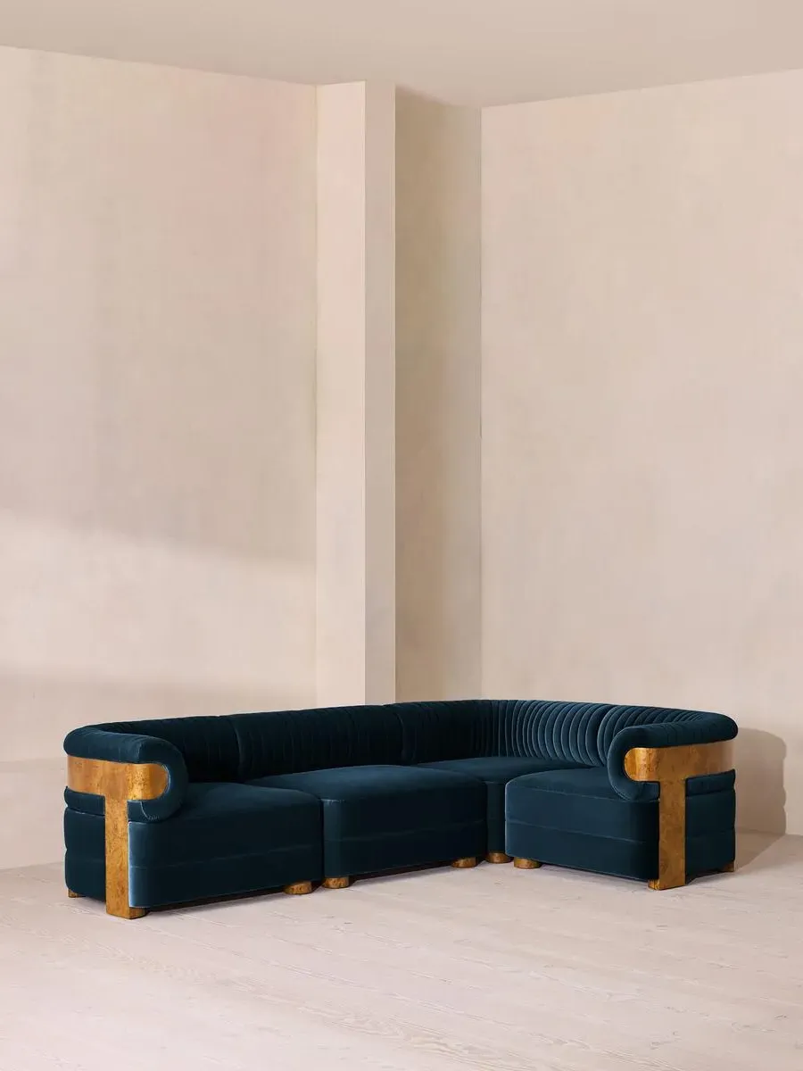 L-Shaped Modular Sofa with Fluted Back - Blue, Velvet