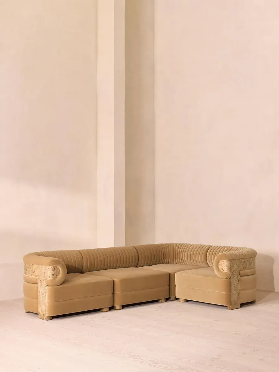 L-Shaped Modular Sofa with Fluted Back - Camel, Velvet