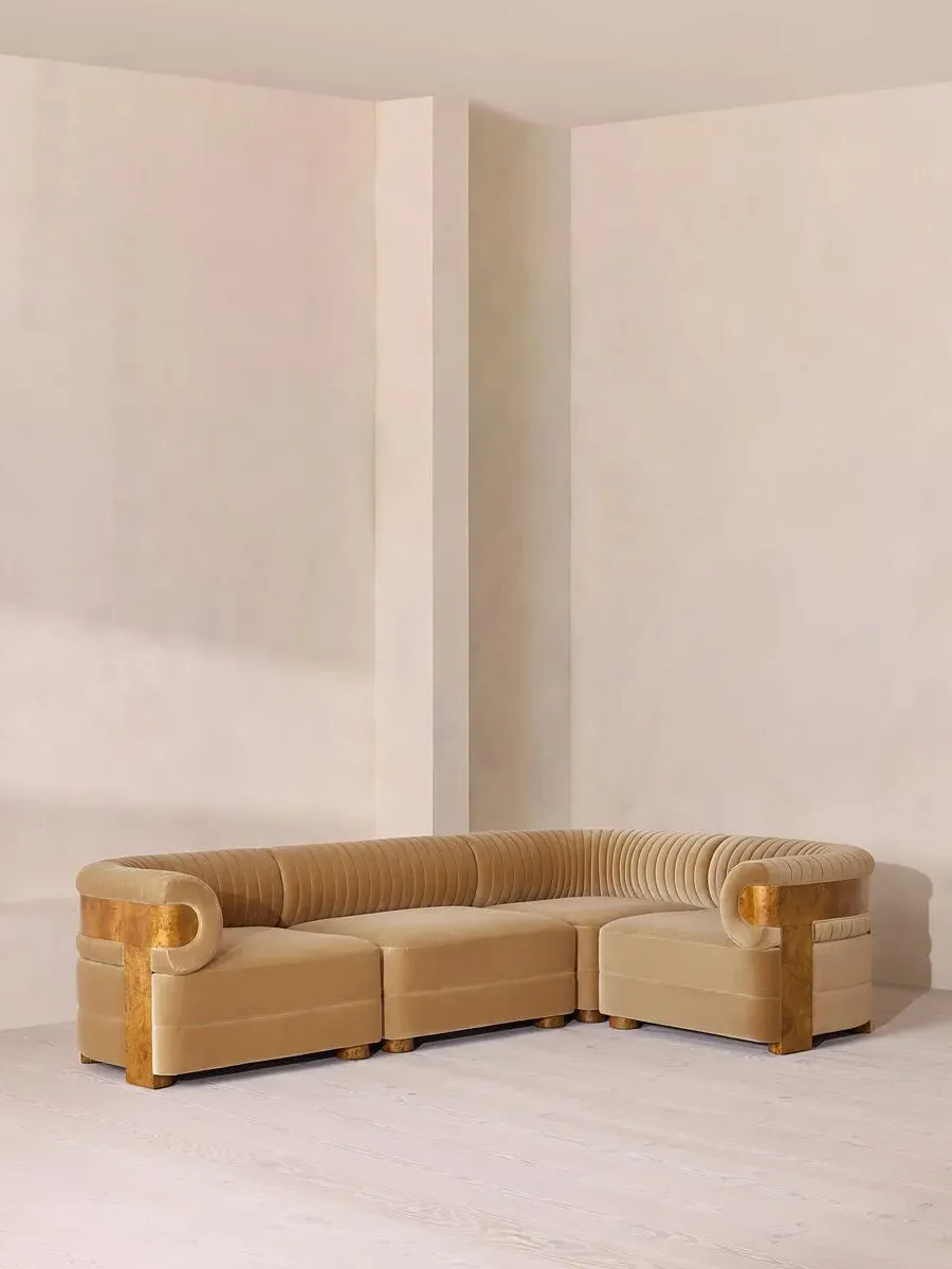 L-Shaped Modular Sofa with Fluted Back - Camel, Velvet