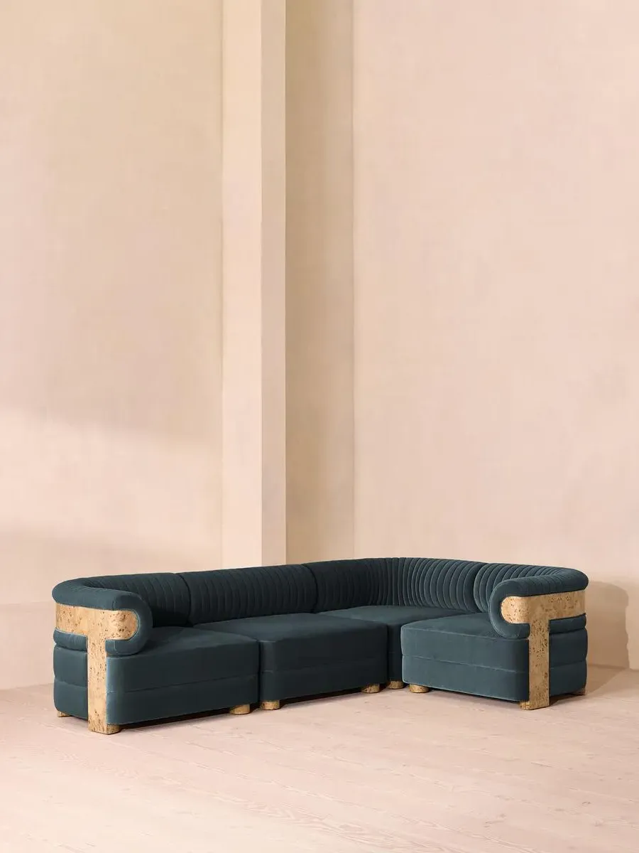 L-Shaped Modular Sofa with Fluted Back - Grey Blue, Velvet