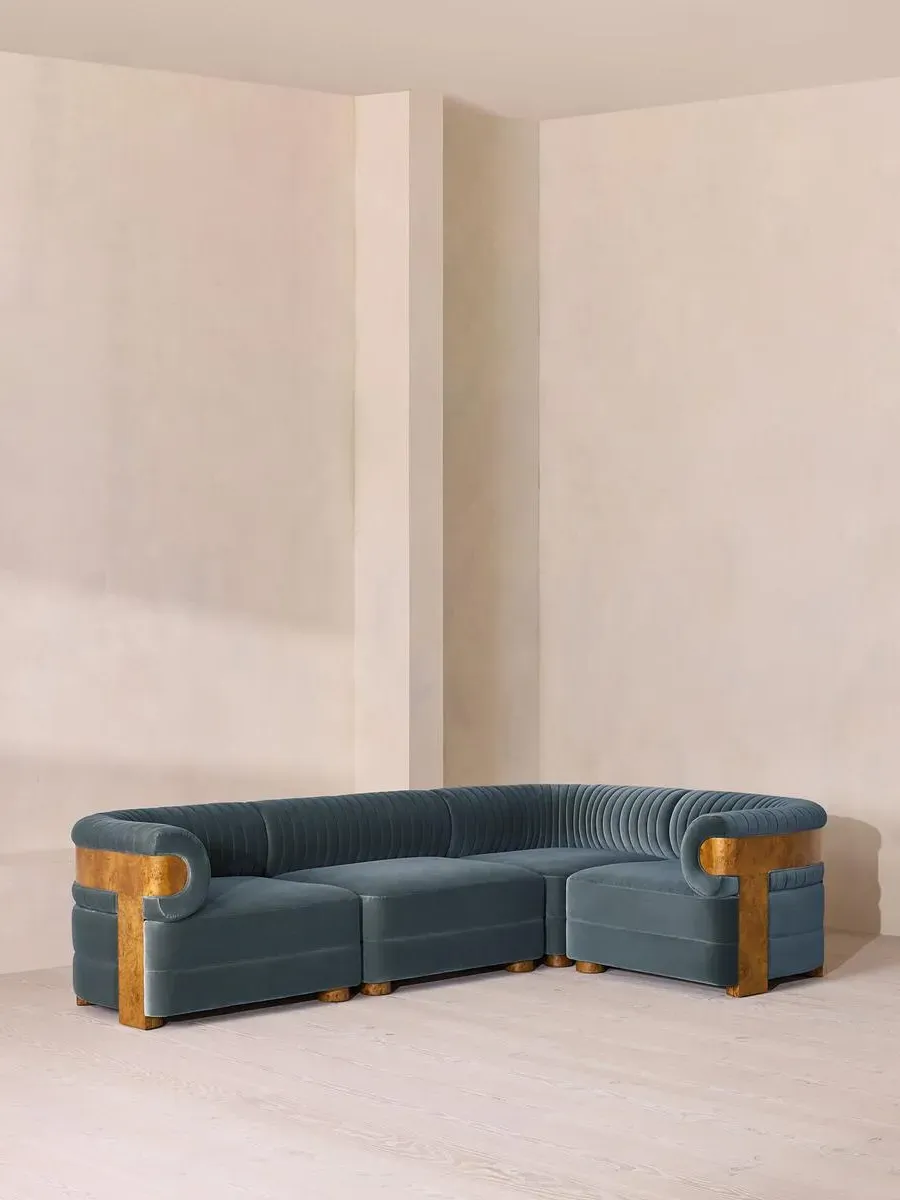 L-Shaped Modular Sofa with Fluted Back - Grey Blue, Velvet