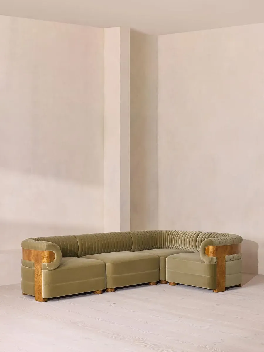 L-Shaped Modular Sofa with Fluted Back - Lichen, Velvet