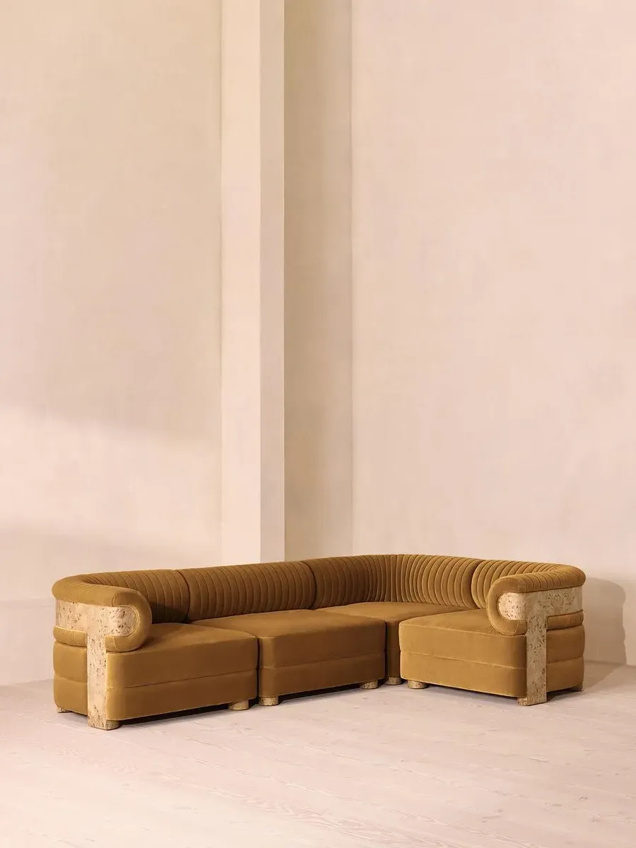 L-Shaped Modular Sofa with Fluted Back - Mustard, Velvet
