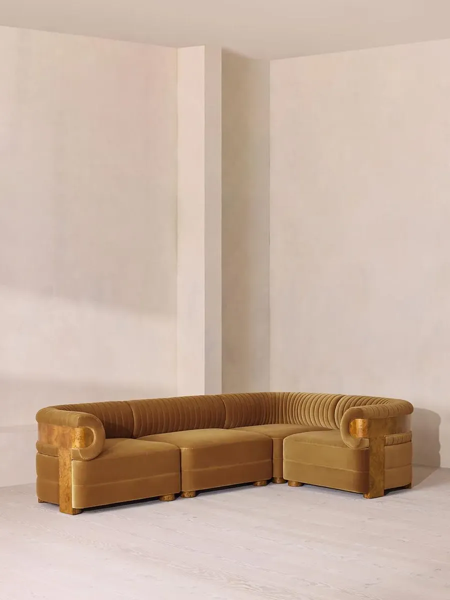 L-Shaped Modular Sofa with Fluted Back - Mustard, Velvet