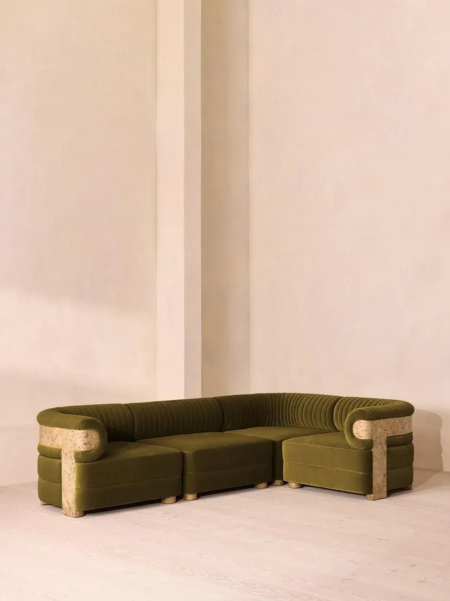 L-Shaped Modular Sofa with Fluted Back - Olive, Velvet