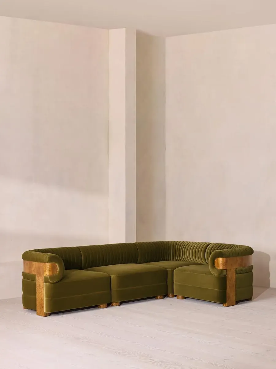L-Shaped Modular Sofa with Fluted Back - Olive, Velvet