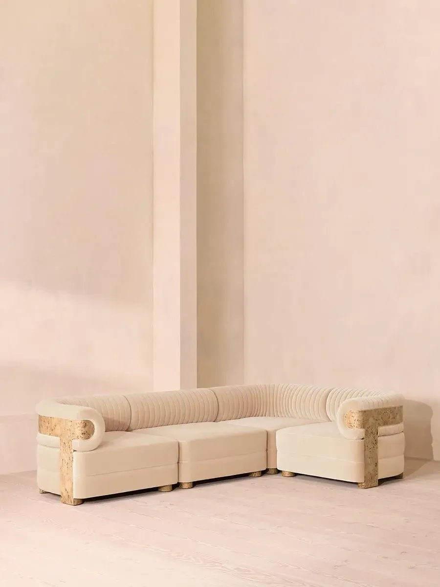 L-Shaped Modular Sofa with Fluted Back - Porcelain, Velvet