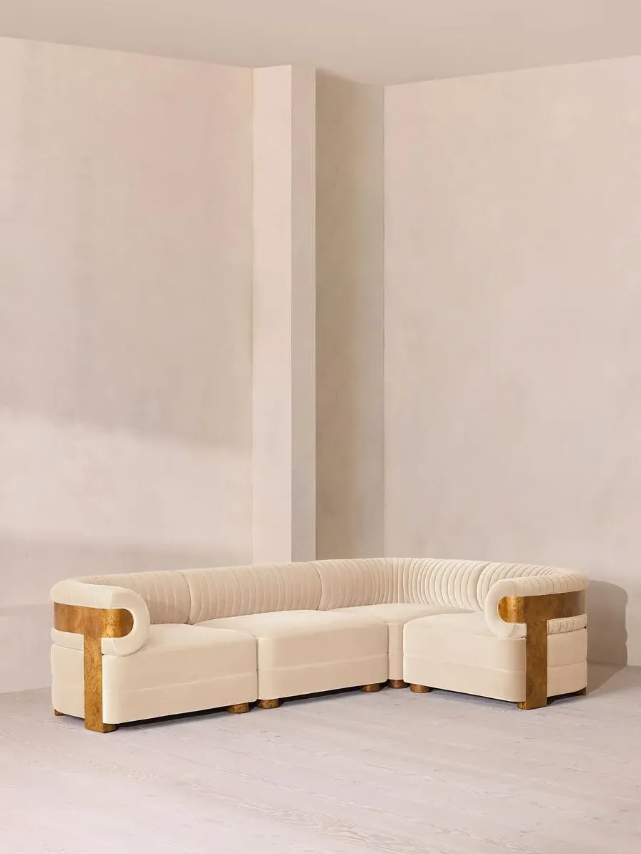 L-Shaped Modular Sofa with Fluted Back - Porcelain, Velvet