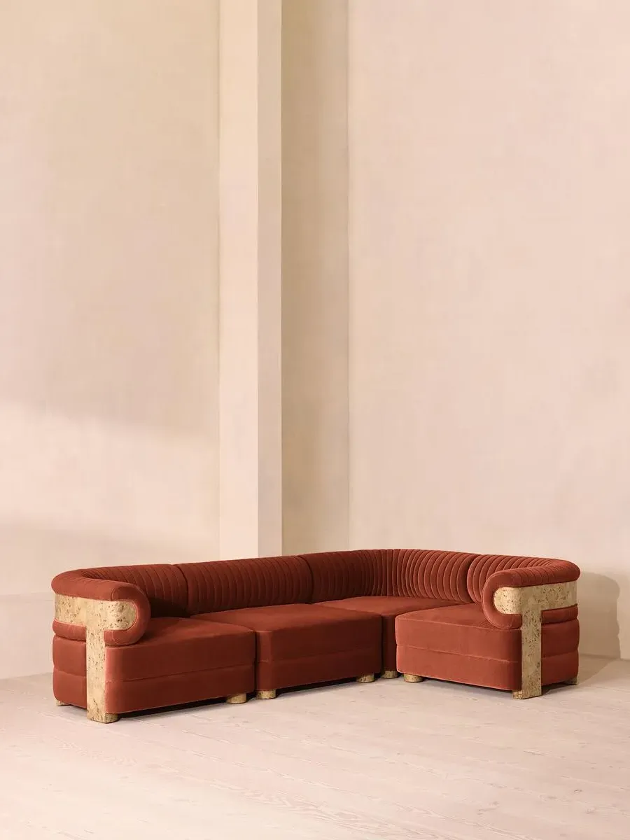 L-Shaped Modular Sofa with Fluted Back - Rust, Velvet