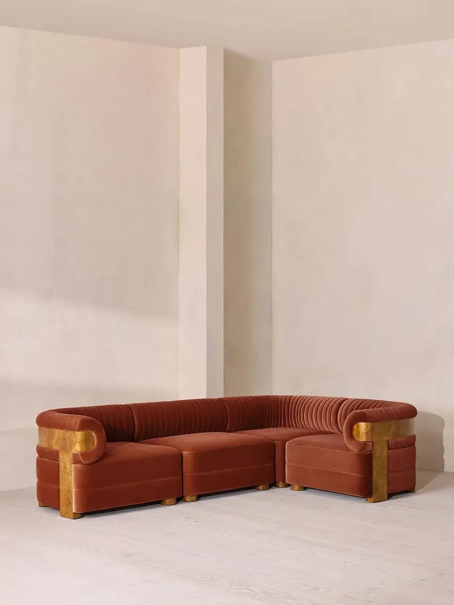 L-Shaped Modular Sofa with Fluted Back - Rust, Velvet
