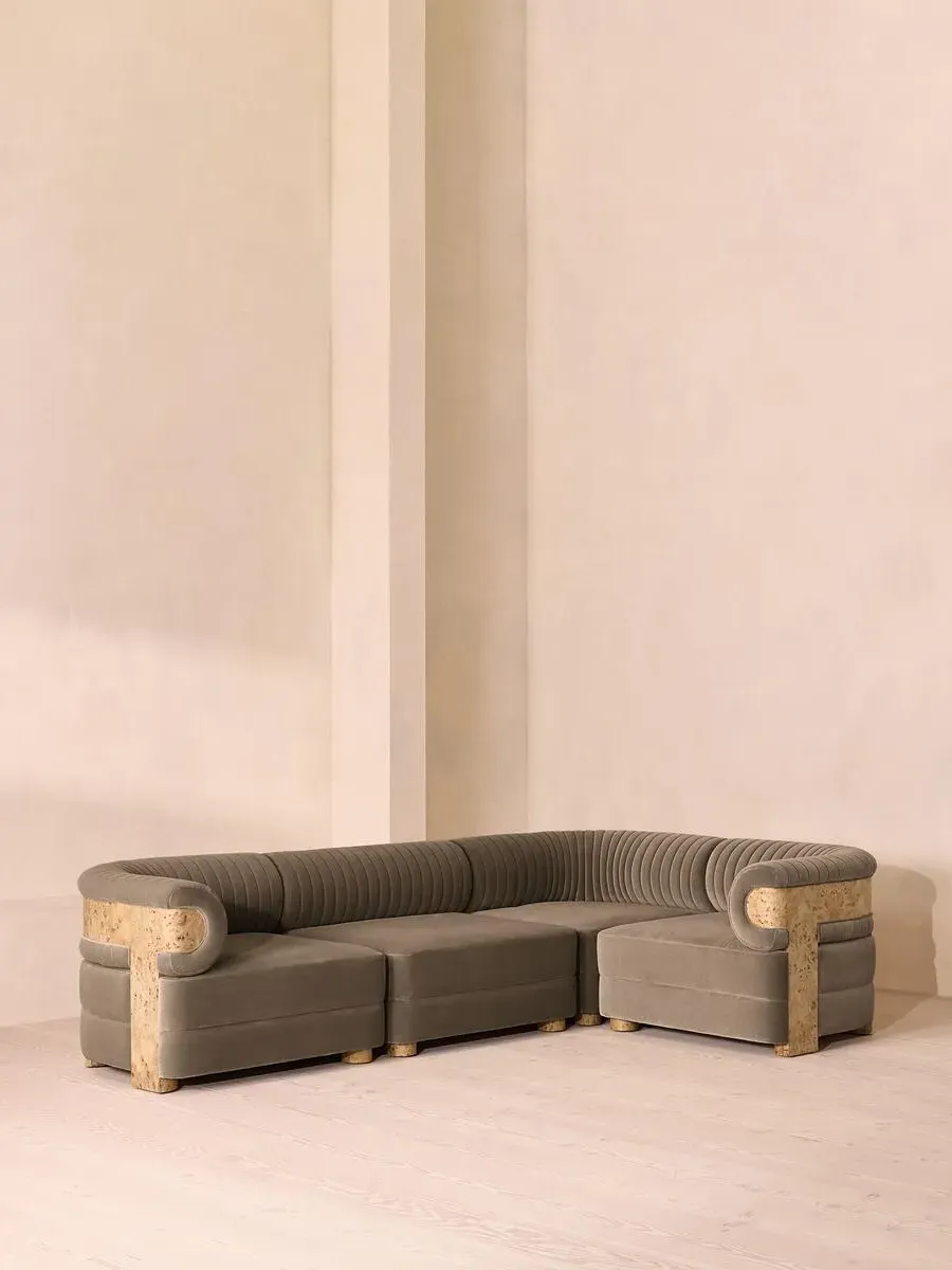 L-Shaped Modular Sofa with Fluted Back - Taupe, Velvet