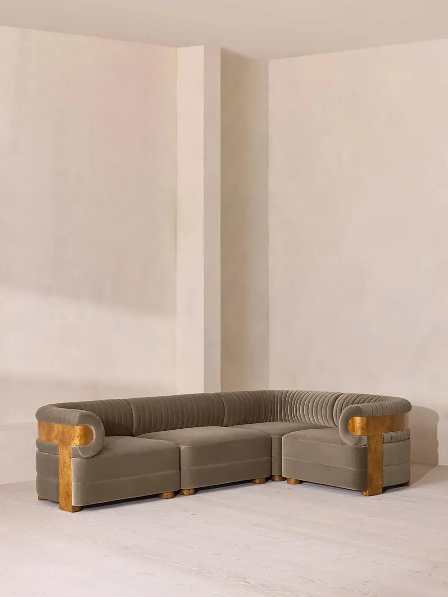 L-Shaped Modular Sofa with Fluted Back - Taupe, Velvet