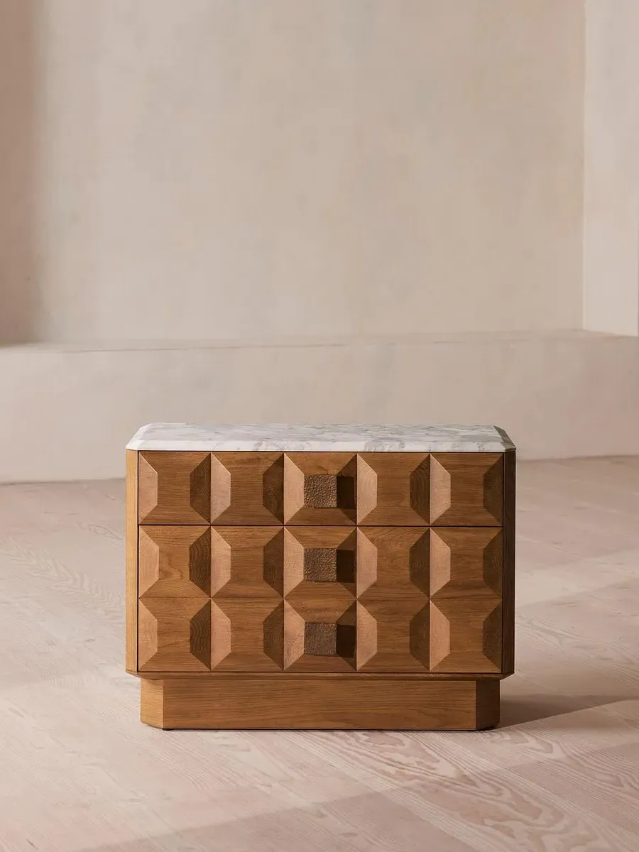 Large Bedside Table with Drawers - Oak, Marble image