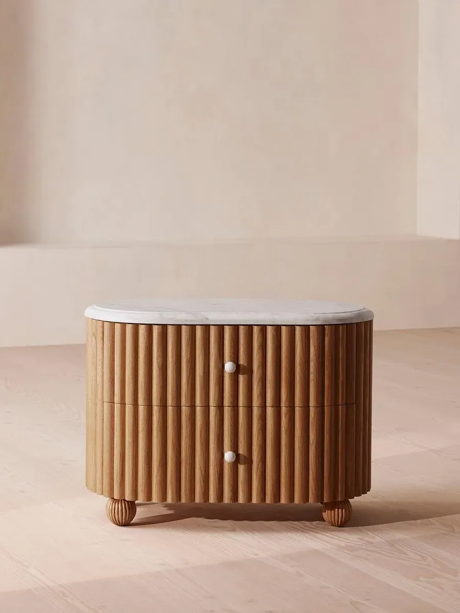 Large Bedside Table with Drawers - Oak, Marble image