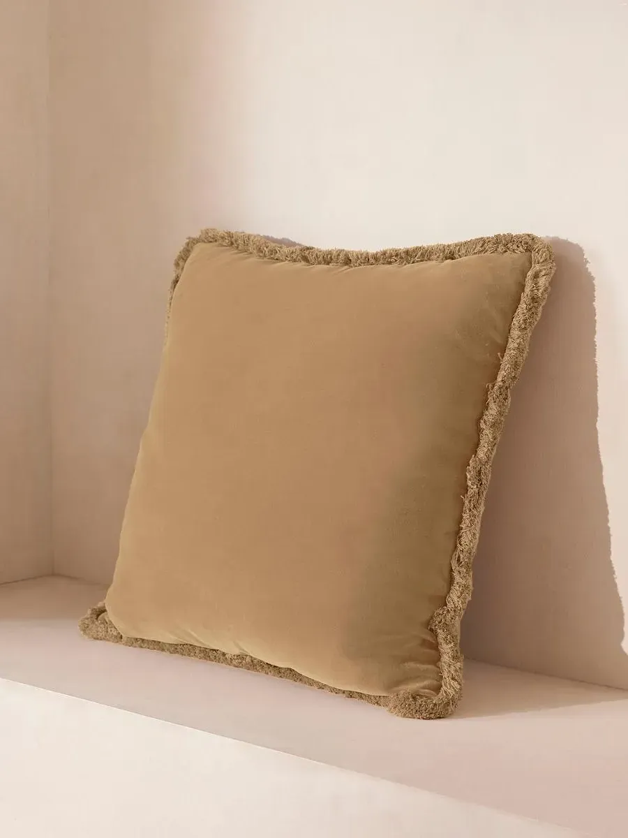 Large Square Cushion with Fringing - Camel, Velvet