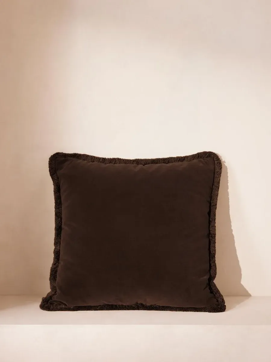 Large Square Cushion with Fringing - Chocolate, Velvet