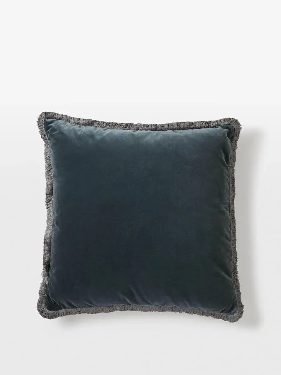 Large Square Cushion with Fringing - Grey Blue, Velvet