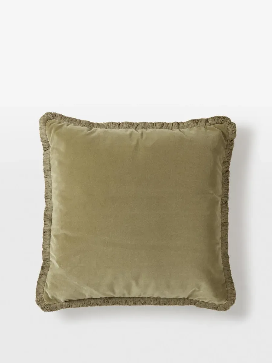 Large Square Cushion with Fringing - Lichen, Velvet