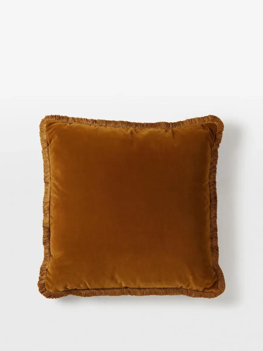 Large Square Cushion with Fringing - Mustard, Velvet