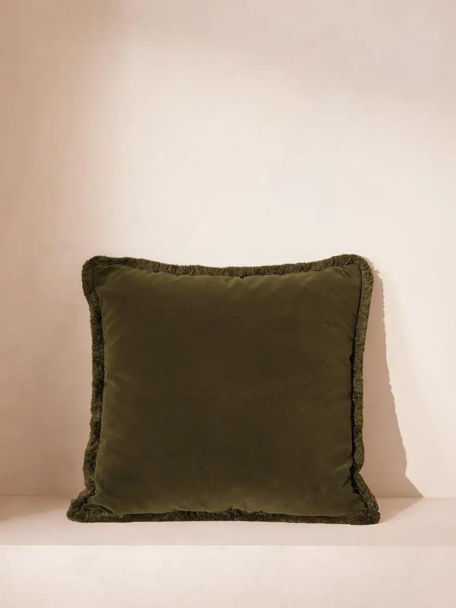 Large Square Cushion with Fringing - Olive, Velvet