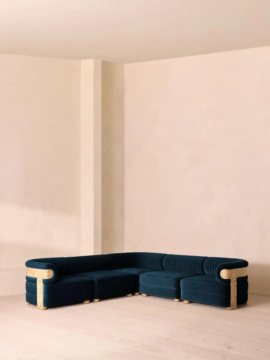 Modular Corner Sofa with Fluted Back - Blue, Velvet image