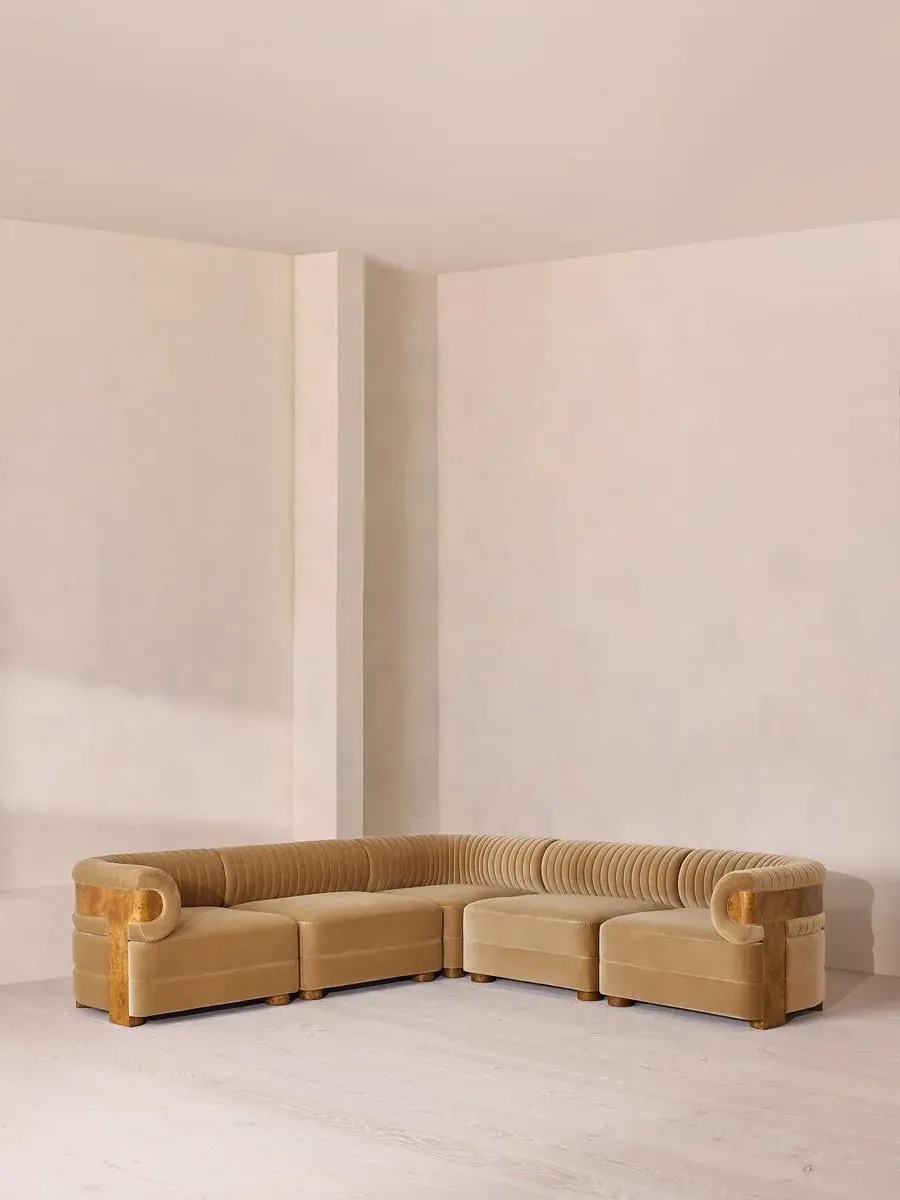 Modular Corner Sofa with Fluted Back - Camel, Velvet