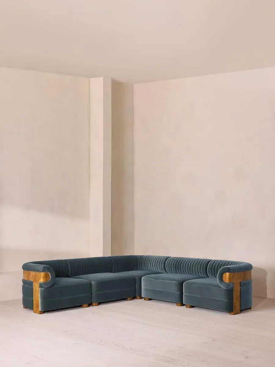 Modular Corner Sofa with Fluted Back - Grey Blue, Velvet