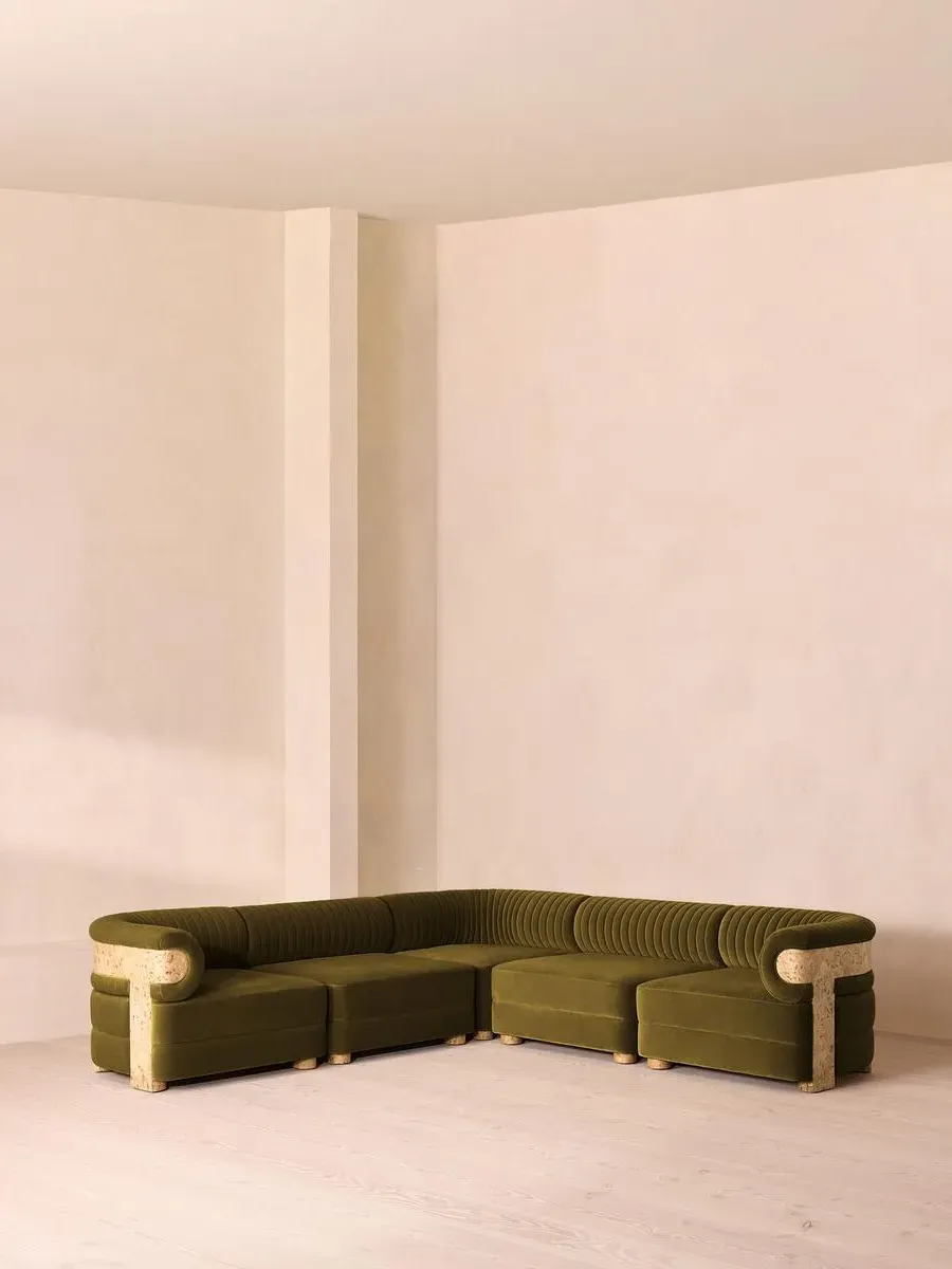 Modular Corner Sofa with Fluted Back - Olive, Velvet image