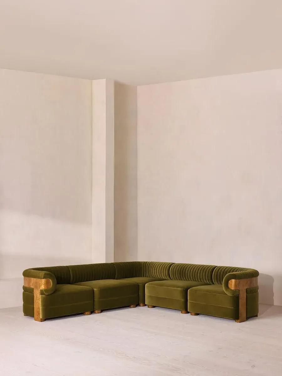 Modular Corner Sofa with Fluted Back - Olive, Velvet