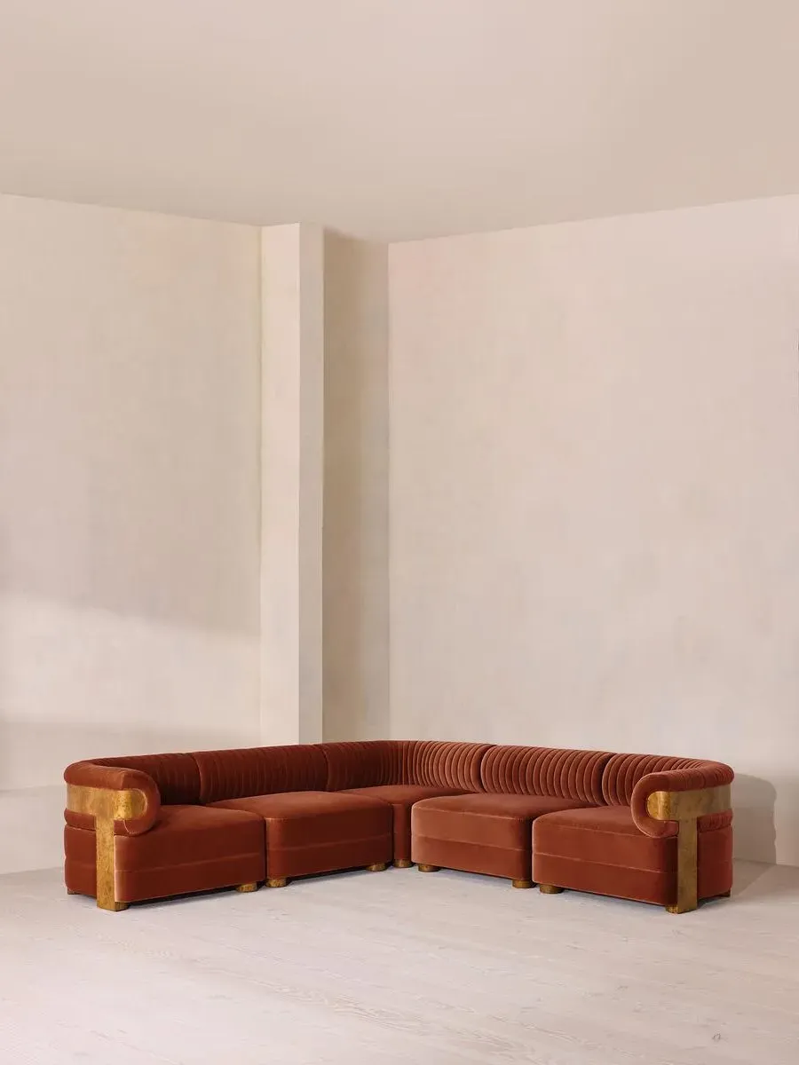 Modular Corner Sofa with Fluted Back - Rust, Velvet