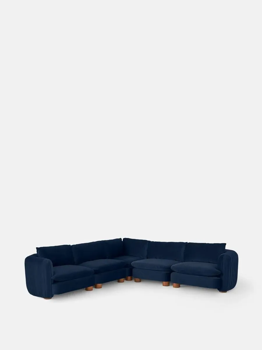Modular Corner Sofa with Pleated Back - Blue, Velvet