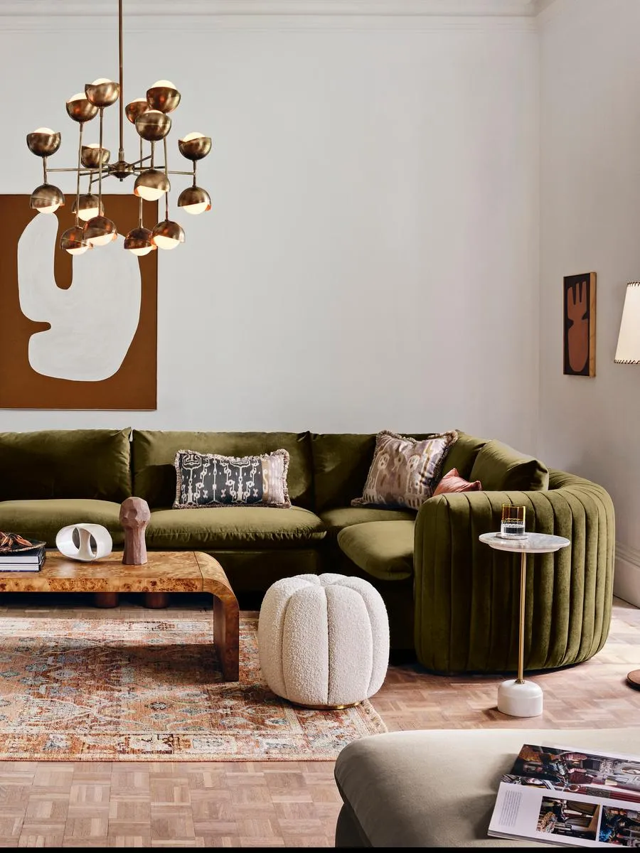 Modular Corner Sofa with Pleated Back - Olive, Velvet